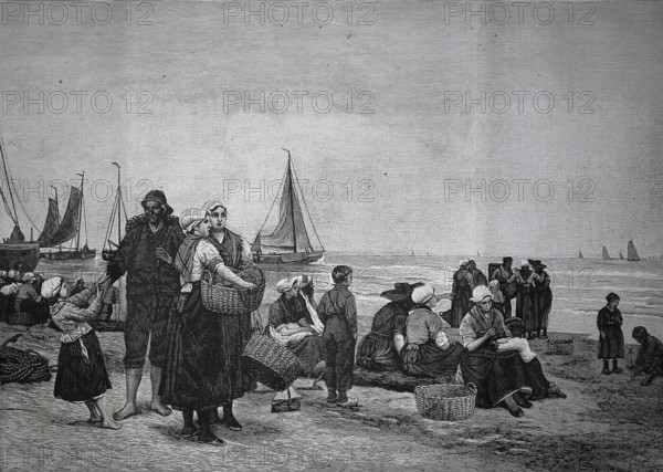 Families of fishermen on Scheveningen beach waiting for the boats to return, 1880, Netherlands, Holland, people and families gather on a beach with sailboats, historic, authentic, digitally restored reproduction from a 19th century original, record date not stated