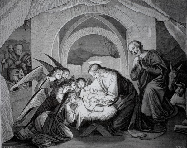 Angels at the crib, birth of Jesus, with his parents Mary and Joseph, Mary and Joseph admiring the baby Jesus in the crib, surrounded by angels in a sacred scene, historical, authentic, digitally restored reproduction from a 19th-century model, record date not stated