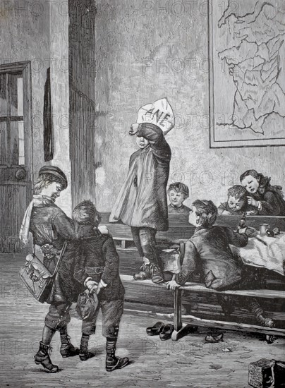 Children playing, tricksters, 1880, Germany, A child with a paper hat is looked at by other students in an old classroom, historical, authentic, digitally restored reproduction from a 19th-century model, Record date not stated