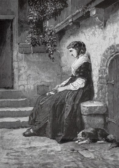 Lonely young woman sitting on a house wall, next to a small dog, sad, 1880, France, A young woman sitting thoughtfully in front of a wall and working with a thread, historical, authentic, digitally restored reproduction of a model from the 19th century, record date not stated