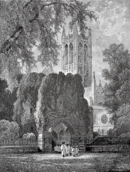 Canterbury Cathedral, Canterbury Cathedra, the historic mother church of the worldwide Anglican Communion and the seat of the Archbishop of Canterbury, 1880, England, A Gothic cathedral in a wooded setting surrounded by pilgrims, historic, authentic, digitally restored reproduction from a 19th-century model, record date not stated