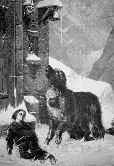 Saint Bernard, dog rescuing an unconscious child lying on church steps, 1880, Switzerland, A dog finds a boy in the snow in front of a mountaineering hut. rescue atmosphere, historic, authentic, digitally restored reproduction from a 19th century original, record date not stated