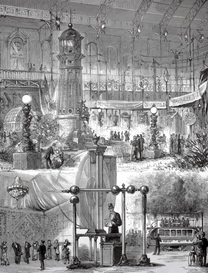 The Exhibition for Electricity in Paris, First International Electricity Exhibition, August 1881, France, A large Victorian exhibition hall with visitors and decorative elements, historical, authentic, digitally restored reproduction from a 19th-century model, Record date not stated