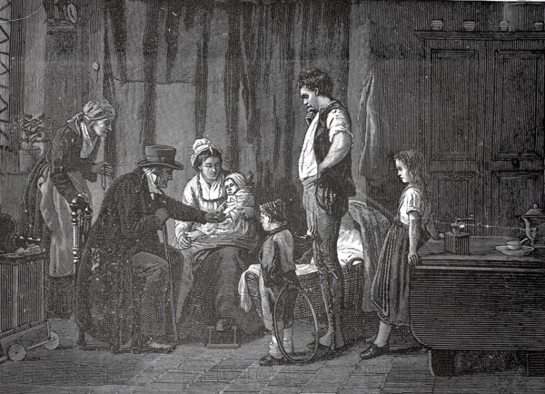 The doctor examines a sick toddler sitting on his mother's arms, family, living space, around 1880, Austria, A doctor examining a sick child in a historic home with concerned family members, historical, authentic, digitally restored reproduction from a 19th-century original, record date not stated