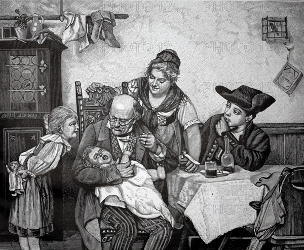 Bitter medicine, doctor gives a child a spoonful of medicine that he doesn't like. The family watches, 1880, Germany, A doctor examines a child in a room while concerned family members watch, historical, authentic, digitally restored reproduction from a 19th-century model, Record date not stated