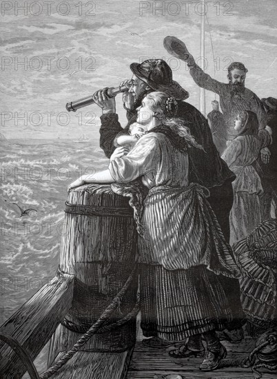 In search of a missing fishing boat, fisherman with a telescope searches the horizon, next to a concerned woman, 1880, North Sea, Holland, A family observes the sea from the deck of a ship, a nostalgic and emotional scene, historical, authentic, digitally restored reproduction of a model from the 19th century, record date not stated