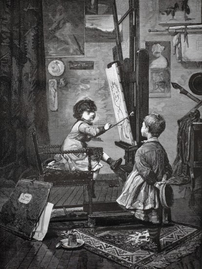 Children play an art painter, a boy tries to paint a portrait of his brother, 1880, A child paints on an easel while another looks on, in a historical-looking scene, historical, authentic, digitally restored reproduction from a 19th-century model, record date not stated
