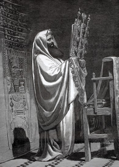 A high priest, highest religious authority in various religious communities, particularly known from Judaism, in Nablus, 1880, historic Palestinian city in the West Bank, today in the Palestinian autonomous area, high priest reading the sacred role in a temple, atmosphere of devotion, historical, authentic, digitally restored reproduction of a model from the 19th century, record date not stated