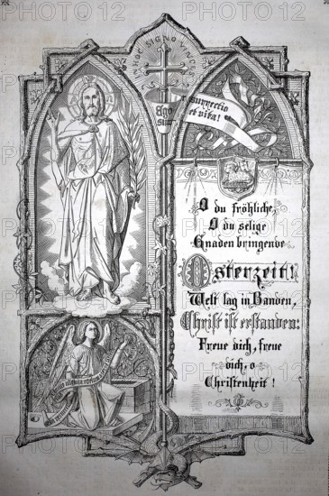 Altarpiece for the celebration of Easter, Christ is Risen, 1880, artistic engraving with Christian symbolism, celebration of Easter, historical, authentic, digitally restored reproduction from a 19th century model, record date not stated