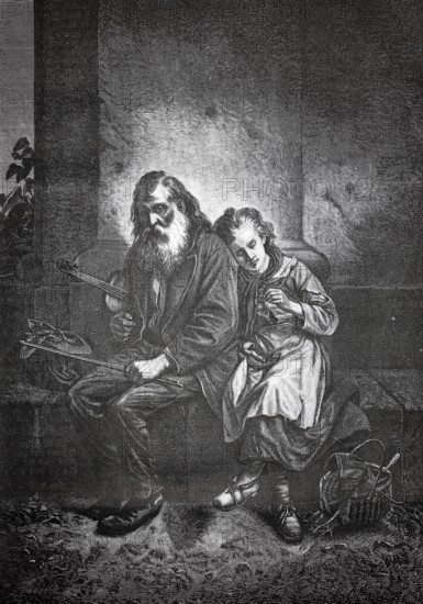 Old bearded man with a violinist, begging musician, sitting on a bench, his daughter leaning on him, 1880, Germany, elderly man with beard and young girl sitting on a bench, melancholy scene, historical, authentic, digitally restored reproduction from a 19th-century original, record date not stated