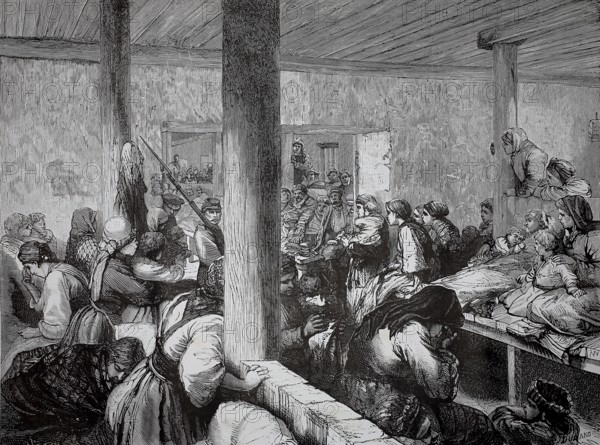 Prisoners and forcibly resettled people on their way to Siberia, 1880, large group of people gathered in one room, lively atmosphere in folk art style, historical, authentic, digitally restored reproduction from a 19th-century model, record date not stated