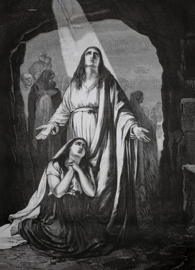 Martyrs in the catacombs, early Christian woman who died during the Roman persecutions (ca. 2nd-4th century) and were buried there, Rome, Italy, Two woman praying in a cave, ray of light falls on them, Expression of faith and hope, Historical, authentic, digitally restored reproduction from a 19th century original, Record date not stated
