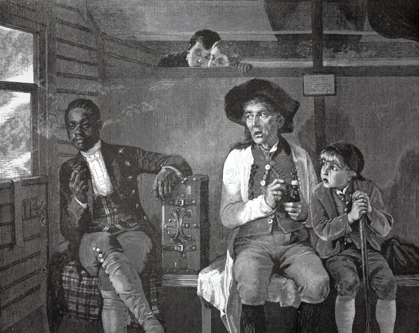 In the railroad compartment, a dark-skinned passenger with a suitcase is watched suspiciously by fellow passengers, 1880, Austria, Three people sitting in a train compartment, with a tense atmosphere and a view out of the window, historical, authentic, digitally restored reproduction of a model from the 19th century, record date not stated