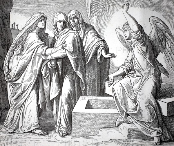 Biblical scene, the three woman at the grave of Jesus, angel proclaims a message of resurrection to woman at the empty grave, historical, authentic, digitally restored reproduction from a 19th-century model, record date not stated