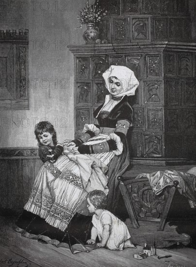 The children play hide and seek and the mother sits at the tiled stove and watches, 1880, Germany, mother with her children in a traditional home, warm family atmosphere, historical, authentic, digitally restored reproduction of a model from the 19th century, record date not stated