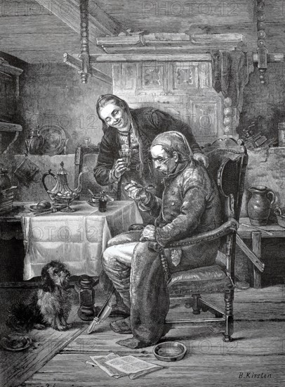 Doctor visits a sick person and prescribes medicine for him, of which he regularly has to take a spoonful, 1880, cozy room with man and woman talking, dog lying next to it, historical, authentic, digitally restored reproduction from a 19th century original, record date not stated
