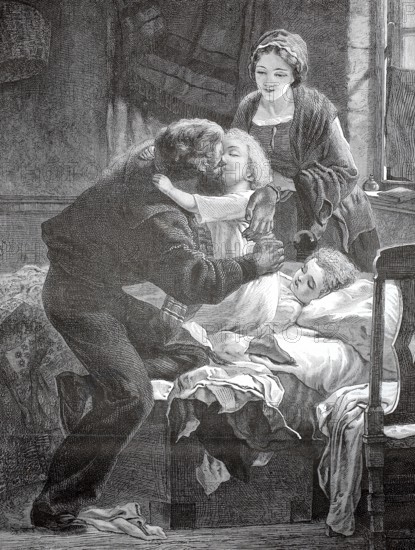 A miner says goodbye to his family in front of he goes to work, 1880, Germany, A loving moment between parents and children in a cozy room, historic, authentic, digitally restored reproduction from a 19th-century model, Record date not stated