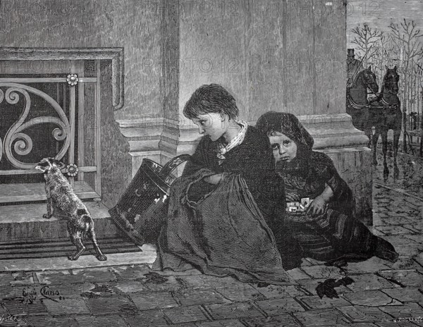 Two children, beggars, sitting on the street at a corner of a house, 1880, England, Two children sitting at a wall in winter, watching a cat, their clothes showing signs of poverty, historical, authentic, digitally restored reproduction of a 19th-century original, record date not stated