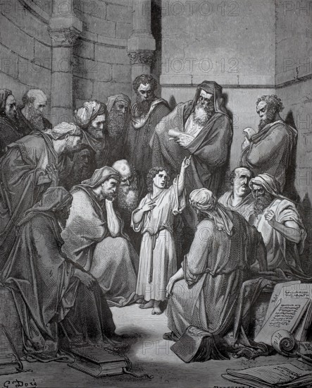 The 12-year-old Jesus in the temple, children and adults gather around a teacher in an ancient room and listen carefully, historically, authentically, digitally restored reproduction of a 19th-century model, record date not stated