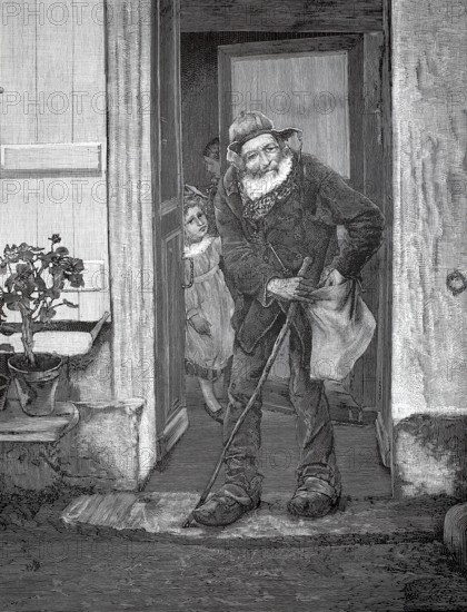 Old man, beggar, standing by a door and wrapping his alms in the bag, 1880, Holland, An elderly man leaning on a stick while a child looks curiously out the door of a house, historical, authentic, digitally restored reproduction from a 19th-century original, record date not stated
