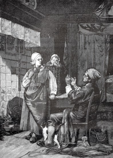 The fisherwoman returns home, the child sits in the basket and the old man receives her in the apartment, 1880, France, A family sitting in a living room talking, the room looks cozy and traditional, historical, authentic, digitally restored reproduction from a 19th-century model, record date not stated