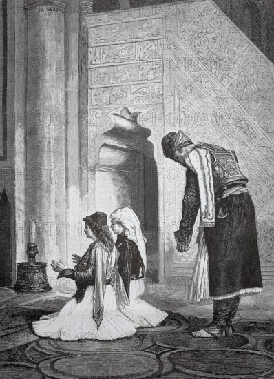 Orthodox family praying in church, 1880, Greece, people praying in a mosque and wearing traditional garments surrounded by artistic architecture, historic, authentic, digitally restored reproduction from a 19th-century model, record date not stated