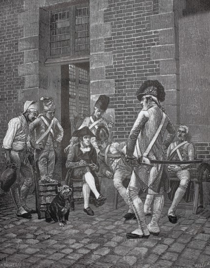The sergeant of the military escort is portrayed by an illustrator, 1880, France, soldiers in uniforms guarding a prisoner in a courtyard next to a historic building, historical, authentic, digitally restored reproduction from a 19th-century model, record date not stated