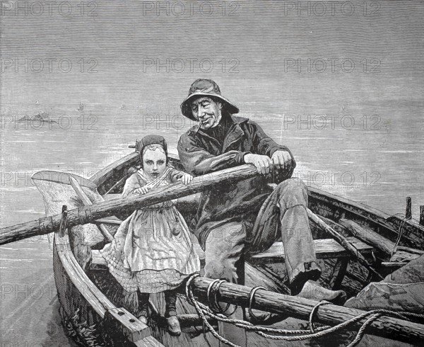 Fischer has taken his little daughter on board and shows her rowing, 1880, Holland, man rowing a boat with child on the sea, showing familial closeness, historical, authentic, digitally restored reproduction of a model from the 19th century, record date not stated