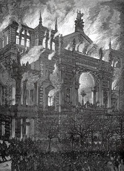 The fire in Vienna's Ringtheater took place on December 8, 1881 and was one of the biggest theatre disasters of the 19th century, in which over 380 people died, Austria, Large building is ablaze while a crowd of people gathers, historical, authentic, digitally restored reproduction of an original from the 19th century, record date not stated