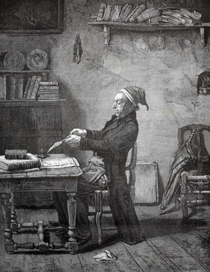 The village clerk at his desk, a community official who took on a central role at a time when many people could neither read nor write, around 1880, elderly man in nightgown writes concentrated in an old-fashioned parlour, historical, authentic, digitally restored reproduction of a 19th-century original, record date not stated