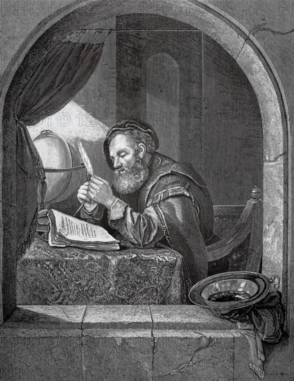 A scholar at his work desk in the 17th century, medieval man reading concentrated by lamplight at a window, historical, authentic, digitally restored reproduction from a 19th-century model, Record date not stated