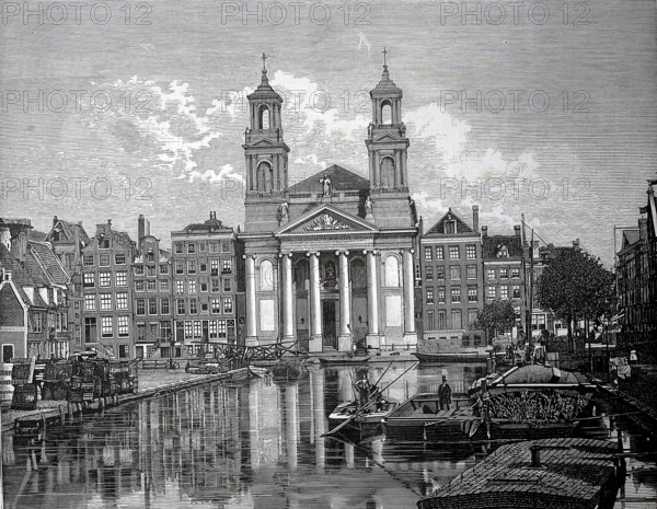 The church of Saint Anthony of Padua in Amsterdam, 1880, Holland, the Netherlands, canal city with classic church and historic buildings on the waterfront, historic, authentic, digitally restored reproduction from a 19th-century model, record date not stated
