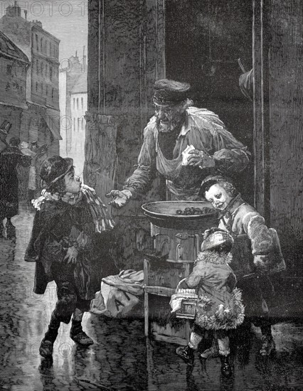 Chestnut roaster in the streets of Rome, demands payment from a boy first in front of the goods, 1880, Italy, A street vendor interacts with children in an urban environment, historical, authentic, digitally restored reproduction of a 19th-century original, record date not stated