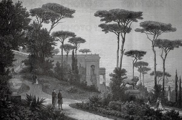 Monte Pincio, one of the most famous viewpoints in Rome, 1880, Italy, people walking in a landscaped park with impressive historic architecture, historic, authentic, digitally restored reproduction from a 19th century model, record date not stated