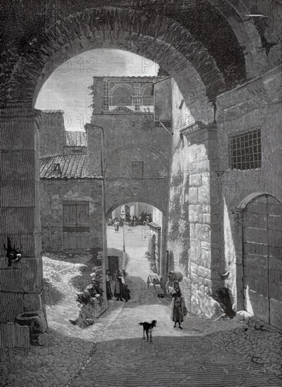 Street scene in Narni in Umbria, around 1880, Italy, stone arch leading into a lively oriental alley with people and dogs, historic, authentic, digitally restored reproduction from a 19th-century model, record date not stated