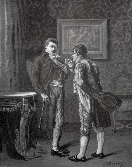 Two men from the time of the French Revolution engaged in conversation, France, Two men in formal dress talk in an elegantly furnished, historic, authentic, digitally restored reproduction from a 19th-century original, Record date not stated