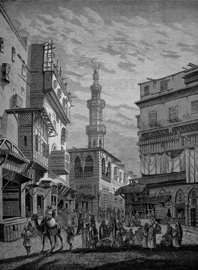Street scene in Cairo around 1880, Egypt, oriental street scene with towers, lively market and historic buildings, historic, authentic, digitally restored reproduction from a 19th-century model, record date not stated