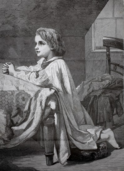 Child kneeling at bed for evening prayer, 1880, Germany, A child kneels in a nightgown praying at his bed, in a room flooded with light, historical, authentic, digitally restored reproduction of a model from the 19th century, Record date not stated