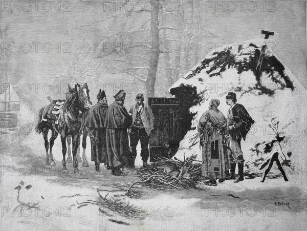 Poacher is interrogated by gendarmes, 1880, Austria, men talking next to horses and a snow-covered pile of wood in a wintery scene, historical, authentic, digitally restored reproduction from a 19th-century original, record date not stated