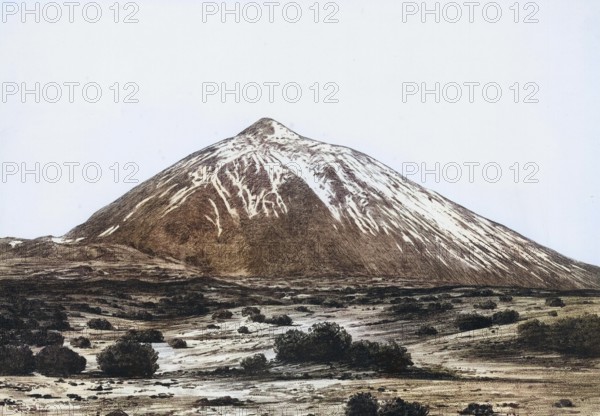 The Pico del Teide is the highest elevation on the Canary Island of Tenerife and the highest mountain in Spain, authentic reproduction of a school mural, historic, around 1900