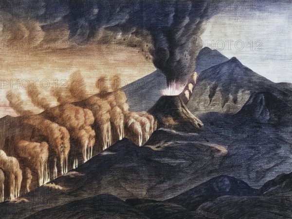 Eruption of Etna on August 29, 1874. Crevice formation and lateral cone, Sicily, Italy, authentic reproduction of a school mural, historical, around 1900