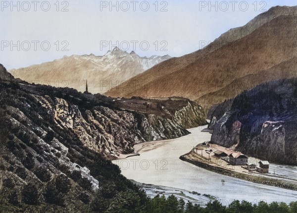 Breakthrough of the Inn through the limestone mountains near Imst in Tyrol, Austria, authentic reproduction of a school mural, historic, around 1900