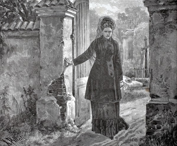 Widow in the cemetery on All Souls' Day, mourning, 1880, Germany, A woman in a cloak stands at an old gate, the scene appears tense and abandoned, historical, authentic, digitally restored reproduction from a 19th-century model, record date not stated