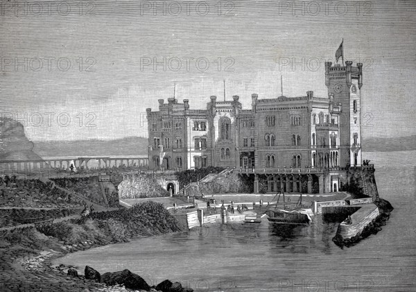 Miramare Castle, Castello di Miramare, near Trieste, directly on a rocky cliff on the Adriatic Sea in 1880, Italy, A majestic castle perched on the water, impressed by its historic architecture, historic, authentic, digitally restored reproduction from a 19th century original, record date not stated