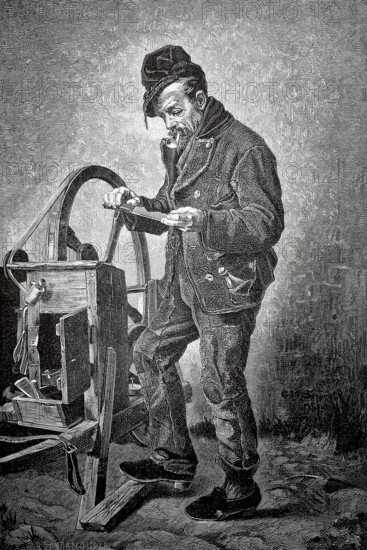 Old man with pipe as a craftsman, scissor grinder at work, 1880, Germany, A man concentrates on a craft tool in a detailed presentation, historical, authentic, digitally restored reproduction of a model from the 19th century, record date not stated