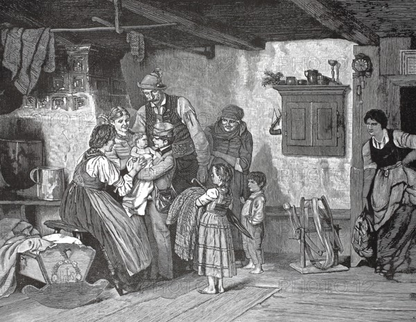 Homecoming of the young student who is welcomed by his family, 1880, Austria, A family gathers in a cozy room, the atmosphere is warm and traditional, historic, authentic, digitally restored reproduction from a 19th-century original, record date not stated
