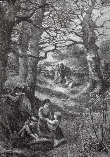 Children playing in the wild, spring, 1880, Germany, groups of children play happily in a tree-lined path in the midst of nature, historical, authentic, digitally restored reproduction from a 19th-century original, record date not stated