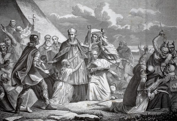 The martyrdom of Saint Boniface, the Apostle of the Germans, on 5 June 754 in Dokkum (Friesland), when he was slain by pagans during a missionary journey, A bishop interacts with believers in a dramatic religious scene in front of a landscape, Historical, authentic, digitally restored reproduction from a 19th century original, Record date not stated