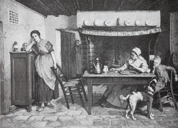 Domestic quarrel in the family, annoyance, 1880, Germany, A rural family scene in the dining room with a dog while someone is standing by the fireplace and the table is set, historical, authentic, digitally restored reproduction from a 19th-century model, Record date not stated
