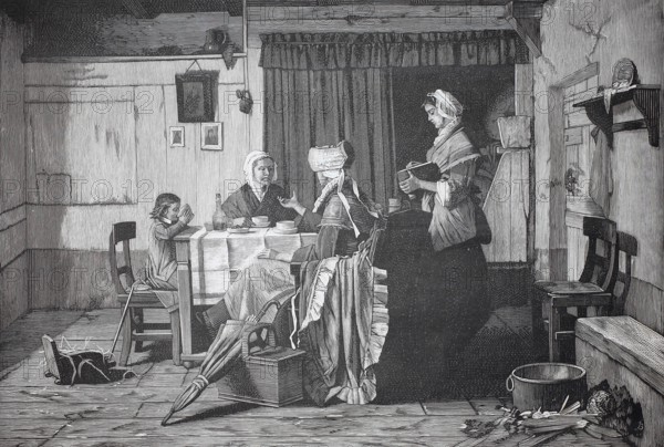 Visiting girlfriends on Sunday morning, 1880, Holland, A family gathers in a rustic dining room, the painting impresses with its detailed woodwork, historical, authentic, digitally restored reproduction from a 19th century model, record date not stated